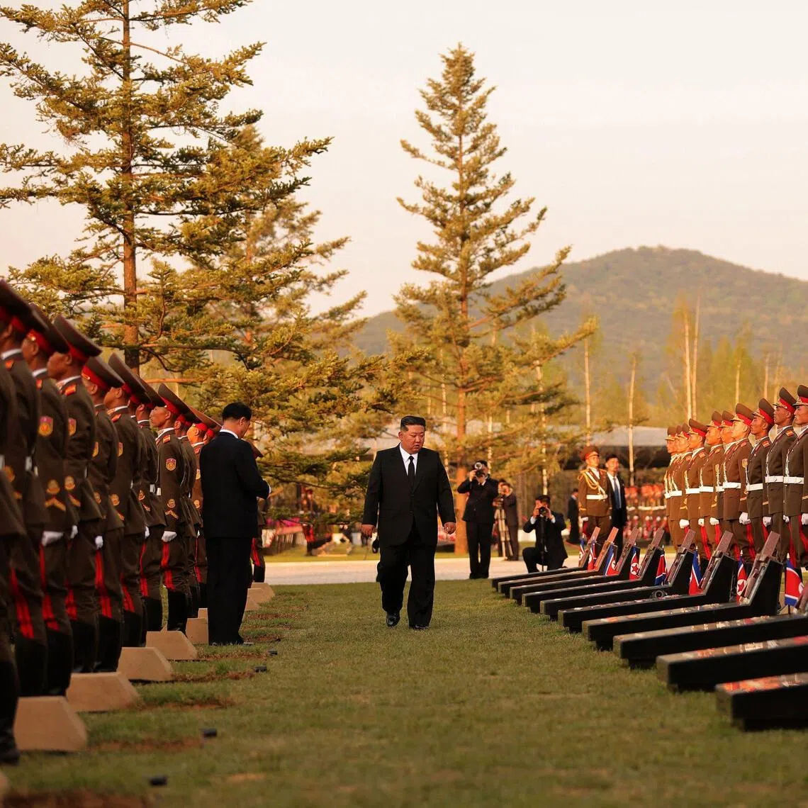 North Korean leader Kim Jong Un at a ceremony held in Pyongyang on April 27 to honour North Korean troops killed while fighting alongside Russia in the war against Ukraine.