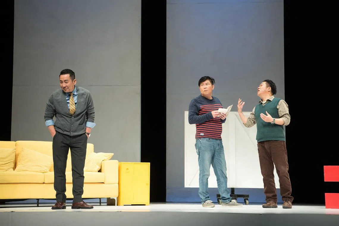 (L-R) Chu Chung-heng, Tseng Kuo-chen and Pu Hsueh-liang play three long-time friends in Godot Theatre Company's Art on Jan 27.