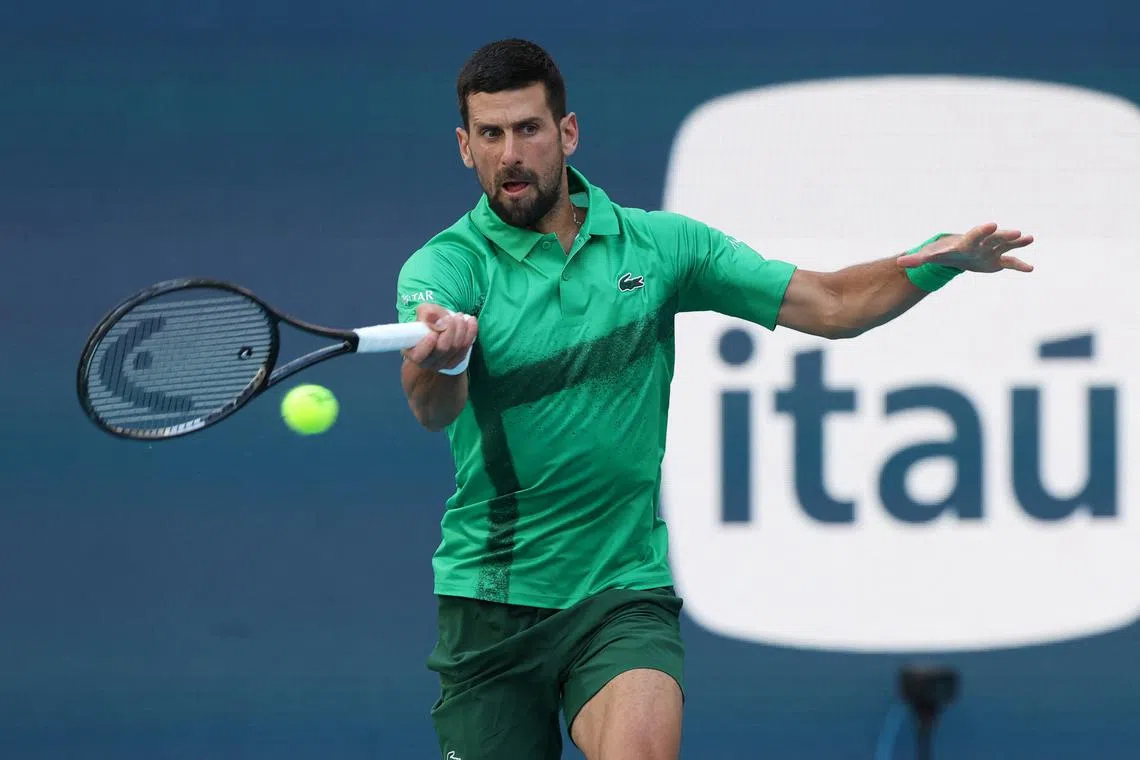 FILE PHOTO: Mar 21, 2025; Miami, FL, USA; Novak Djokovic (SRB) hits a forehand against Rinky Hijikata (AUS)(not pictured) on day four of the Miami Open at Hard Rock Stadium. Mandatory Credit: Geoff Burke-Imagn Images/File Photo