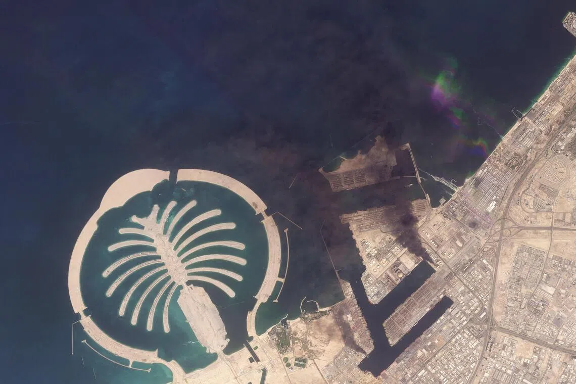A satellite image of Dubai's Jebel Ali Port on March 1, after one of the berths caught fire due to falling debris from an intercepted missile.