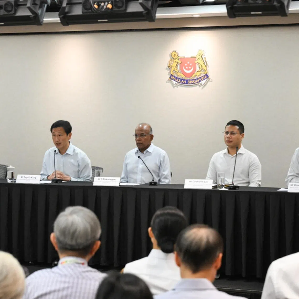 (From left) Senior Parliamentary Secretary for Social and Family Development Eric Chua, Health Minister Ong Ye Kung, Home Affairs Minister K. Shanmugam, Education Minister Desmond Lee and Minister of State for Culture, Community and Youth Dinesh Vasu Dash during a media conference on Aug 28.