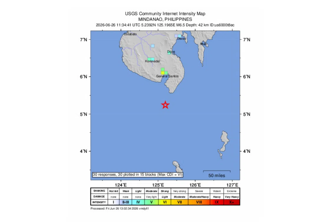 The quake struck at 7.42pm at a depth of 52.4km in the waters about 35km south-west of Mindanao island’s Jose Abad Santos town, according to the USGS, which revised the magnitude from an initial 6.7.