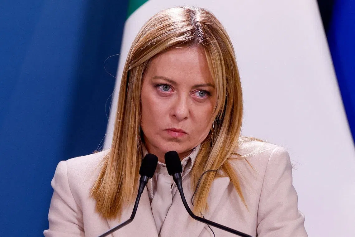 Italian Prime Minister Giorgia Meloni attends a joint statement with German Chancellor Friedrich Merz (not pictured) at the end of Italian-German government consultations at Villa Doria Pamphili in Rome, Italy, January 23, 2026. REUTERS/Remo Casilli