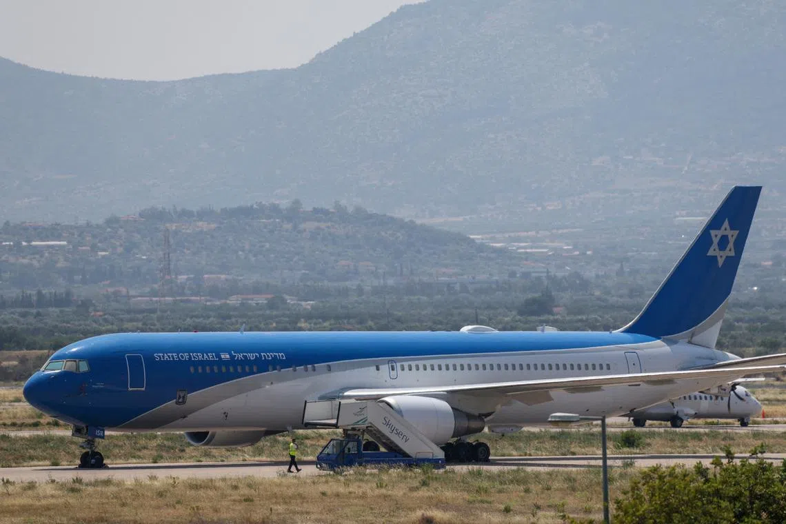 FILE PHOTO: Israeli state aircraft \"Wing of Zion\" which flew Israel's ambassador to Greece from Ben Gurion airport, is seen at International Airport in Athens, Greece, June 13, 2025. REUTERS/Stelios Misinas/File Photo