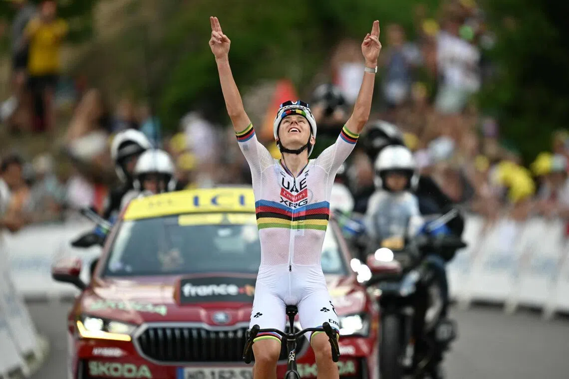 XRG’s Slovenian rider Tadej Pogacar cycles to the finish line on July 9 to win the 6th stage of the 2026 Tour de France.