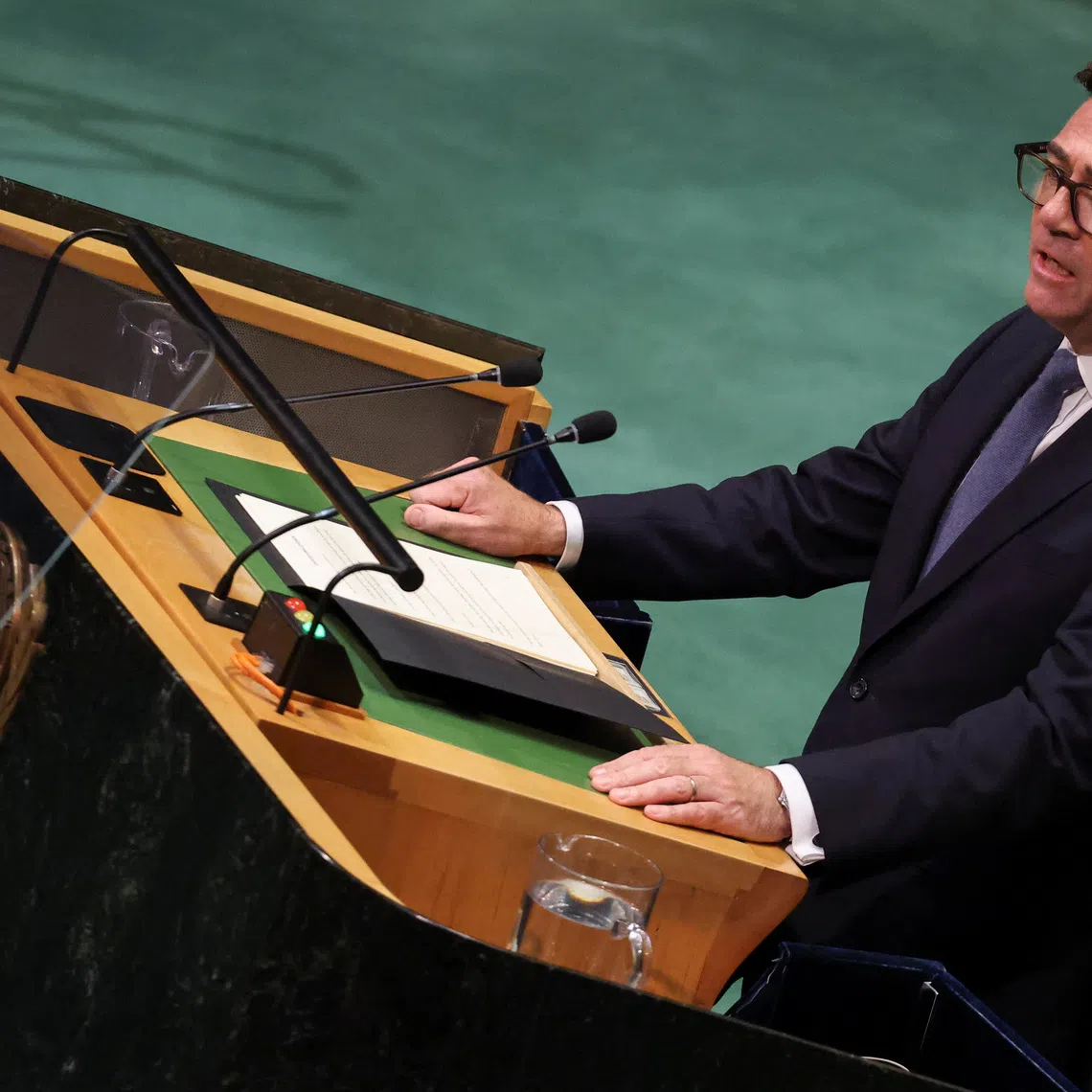 British Prime Minister Andy Burnham delivers a speech during the United Nations General Assembly (UNGA) at UN headquarters in New York City, U.S., September 22, 2026. REUTERS/Toby Melville/Pool