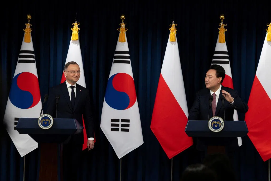 South Korean President Yoon Suk-yeol and Polish President Andrzej Duda speak during a joint press conference at the Presidential Office in Seoul, South Korea, 24 October 2024. JEON HEON-KYUN/Pool via REUTERS
