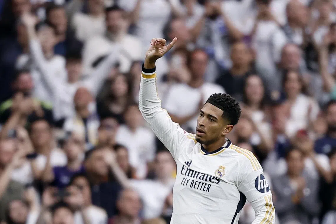 Soccer Football - LaLiga - Real Madrid v Cadiz - Santiago Bernabeu, Madrid, Spain - May 4, 2024 Real Madrid's Jude Bellingham celebrates scoring their second goal REUTERS/Juan Medina