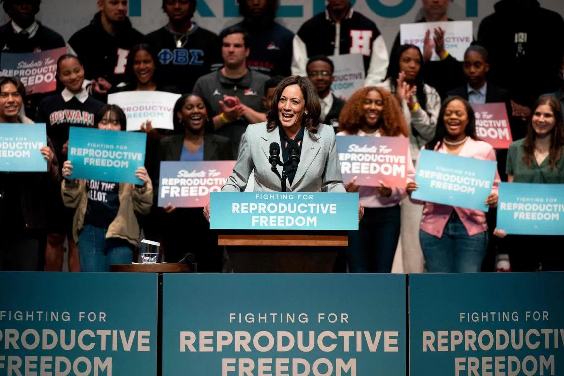US Vice President Kamala Harris speaks on reproductive freedom, at Howard University in Washington, DC, on April 25, 2023. (Photo by Stefani Reynolds / AFP)