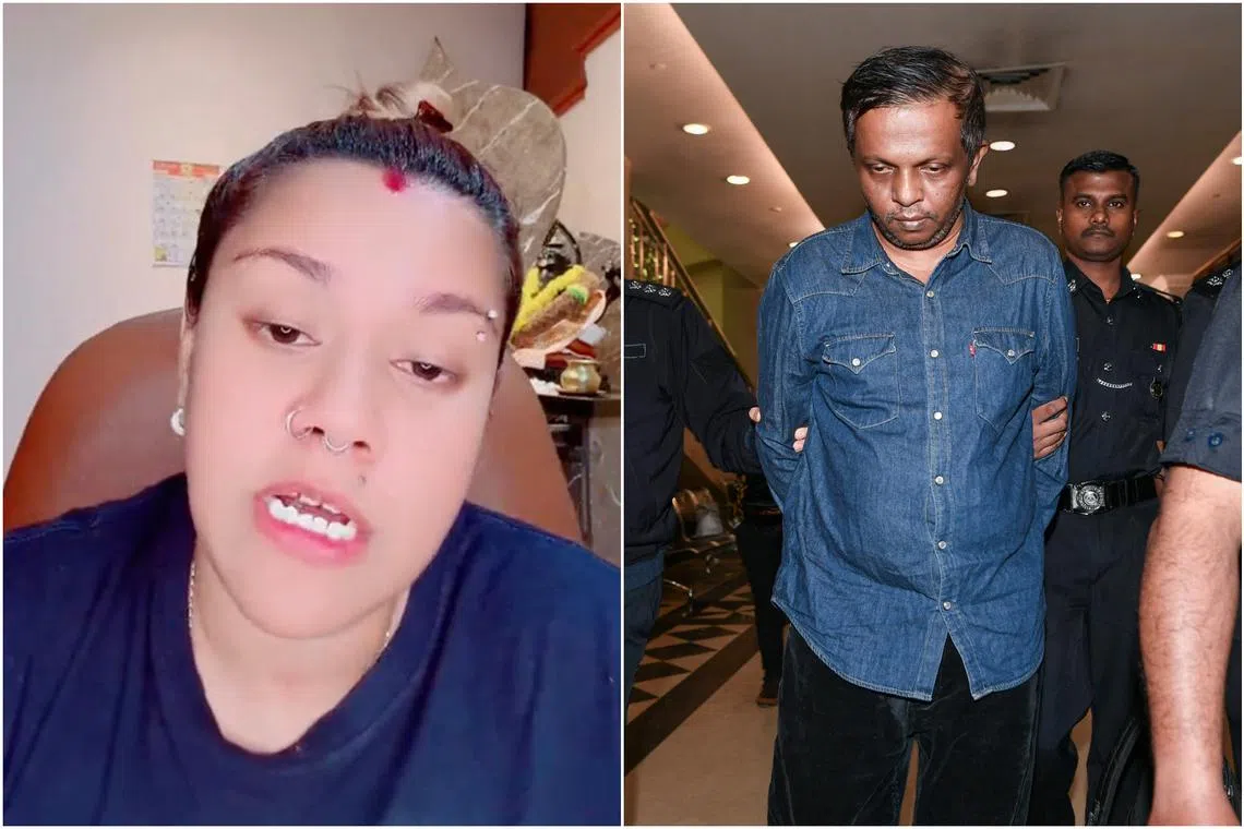 Shalini Periasamy (left) was fined after she pleaded guilty to using vulgar language on TikTok with the intent to incite anger. B. Sathiskumar was also charged in a case related to the death of social media influencer.
