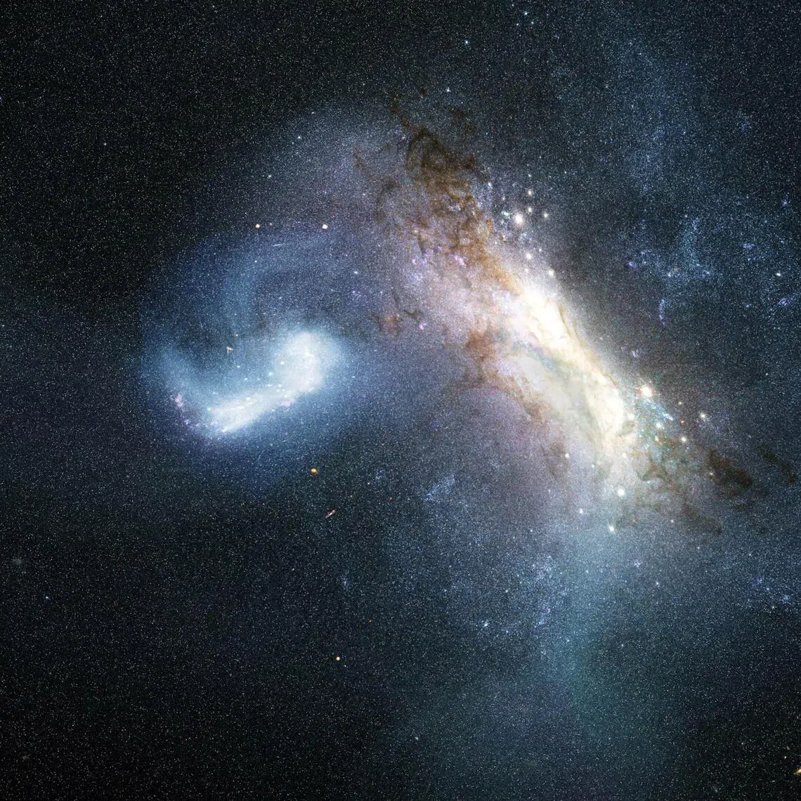 The collision about 11.8 billion years ago, when a dwarf galaxy known as LKH collided with the Milky Way and merged with it, appears in an artist’s concept released on Aug 17.