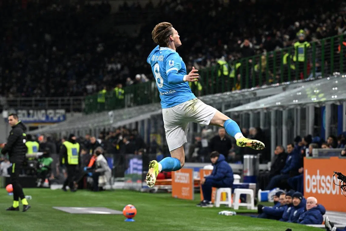 Soccer Football - Serie A - Inter Milan v Napoli - San Siro, Milan, Italy - January 11, 2026  Napoli's Scott McTominay celebrates scoring their first goal REUTERS/Jennifer Lorenzini