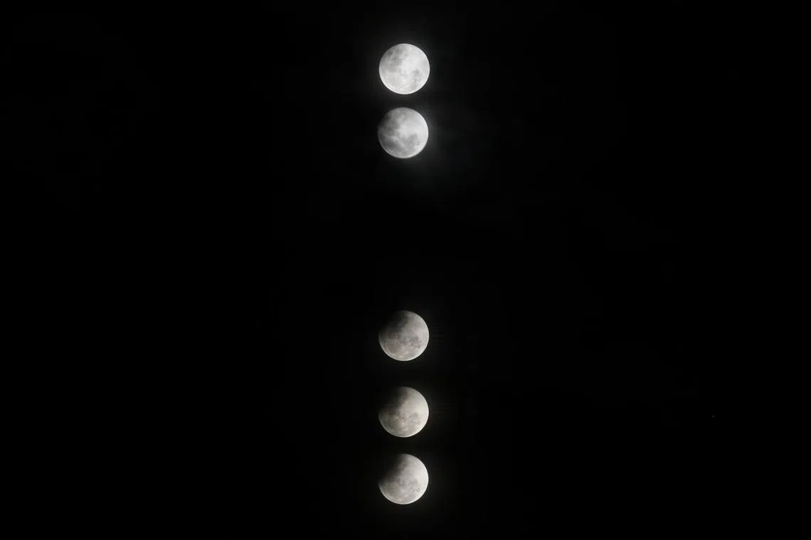 A stacked image of the Lunar Eclipse on Mar 3, 2026, taken from 9:10pm to 9:28pm. 
A total lunar eclipse occurs during a full moon, when the sun, Earth and moon are in a straight line, with the Earth passing directly between the sun and the moon. This causes the Earth’s shadow to be cast onto the lunar surface.