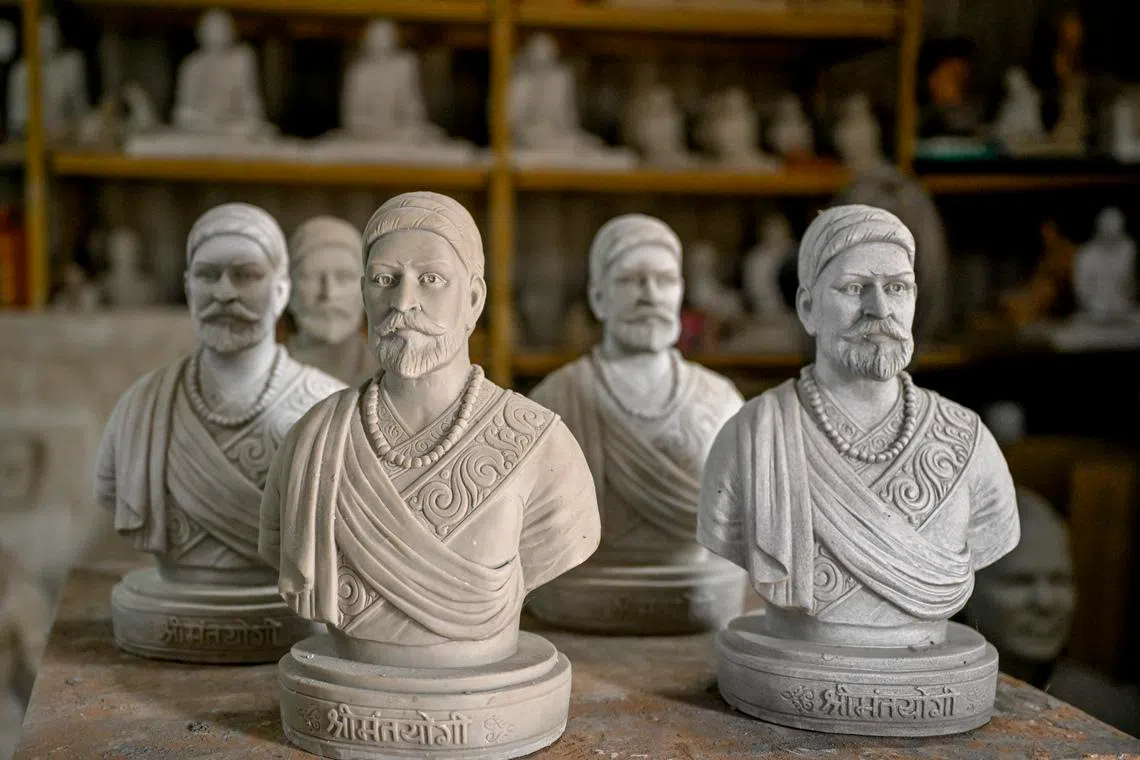 Shivaji statues at sculptor Anant Ganpat Chougule’s studio in Sawantwadi, India.