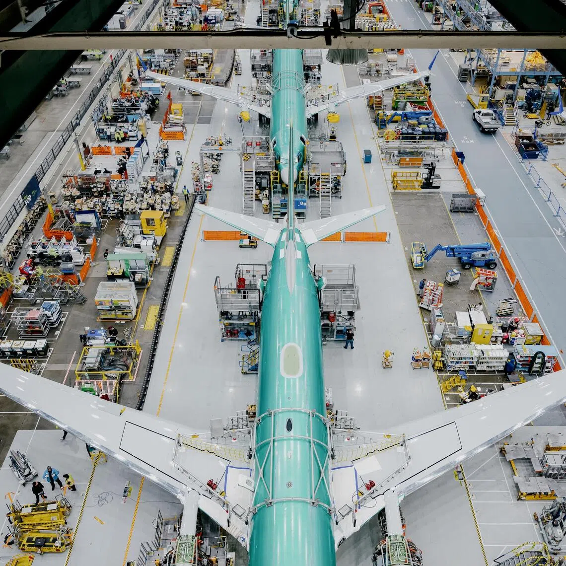 A Boeing 737 Max plane during final assembly at the company's factory in Renton.