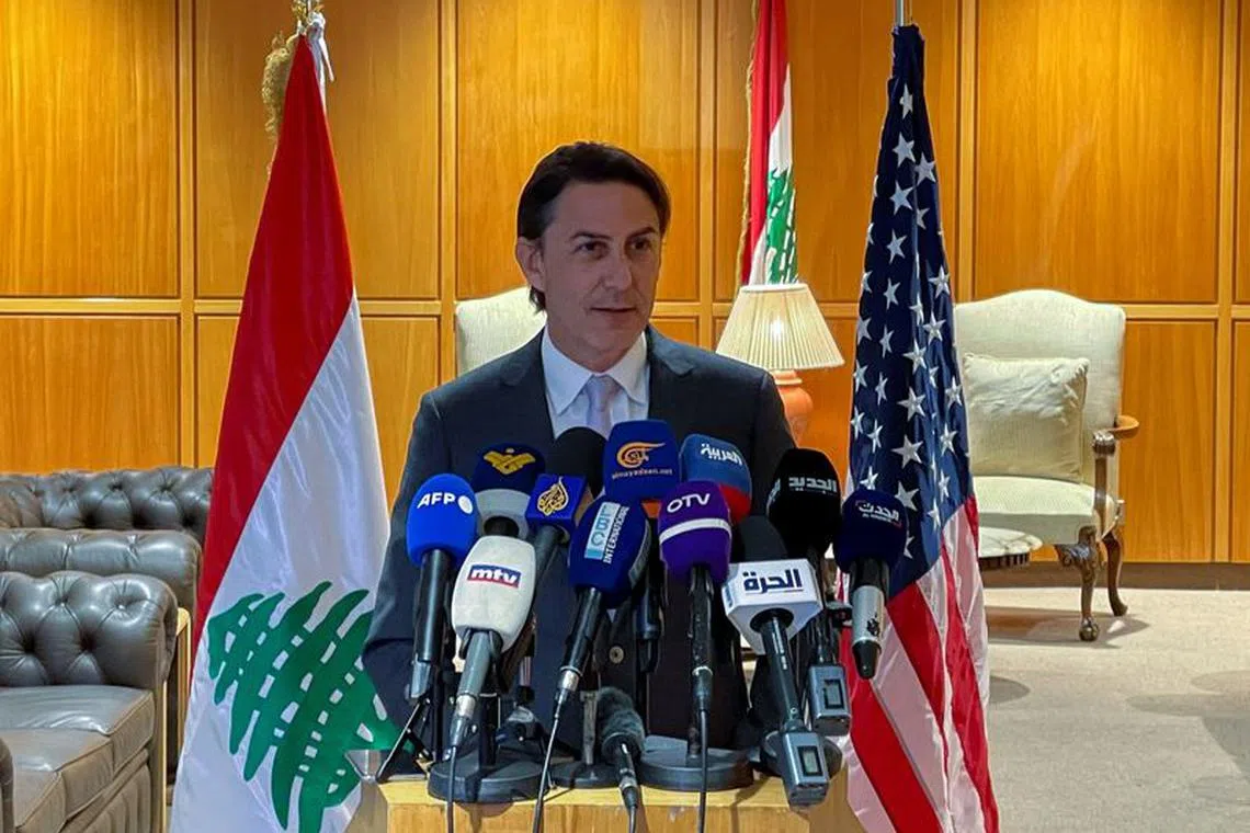 Senior White House Advisor for Energy Security Amos Hochstein speaks at the end of his visit to Lebanon, at Beirut international airport, in Beirut, Lebanon, August 31, 2023. REUTERS/Issam Abdallah