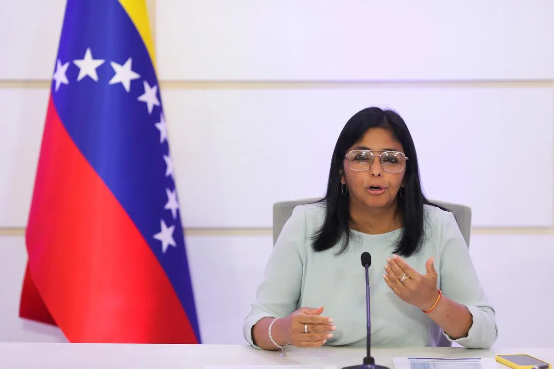 FILE PHOTO: Venezuela's Vice President Delcy Rodriguez gestures as she speaks during a news conference in Caracas, Venezuela, April 7, 2021. REUTERS/Manaure Quintero/File Photo