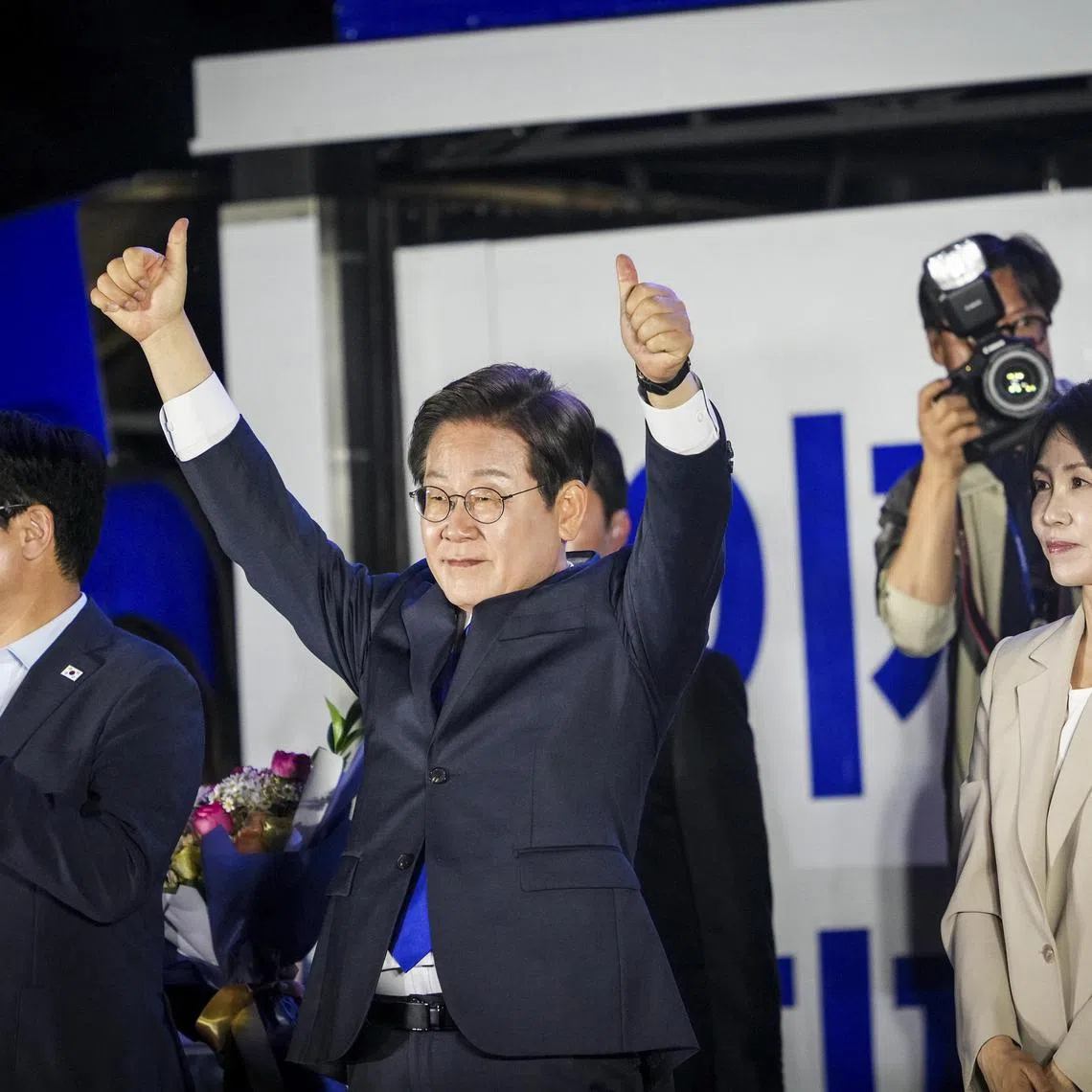 Mr Lee Jae-myung, the new president of South Korea, with his wife Kim Hye-kyung, at an election night rally in Seoul, South Korea, on June 4, 2025.