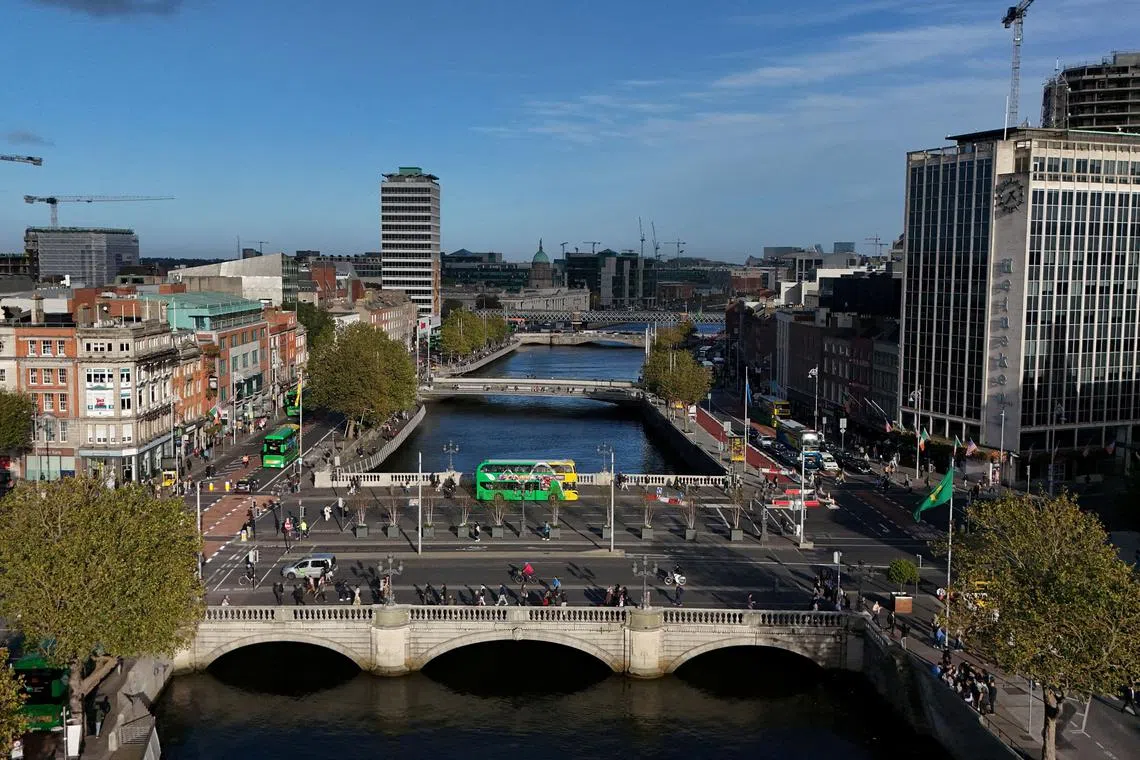 FILE PHOTO: A drone view shows traffic on O'Connell bridge on the river Liffey with the Customs House and Liberty Hall visible, in the city centre of Dublin, Ireland October 7, 2024. REUTERS/Clodagh Kilcoyne/File Photo