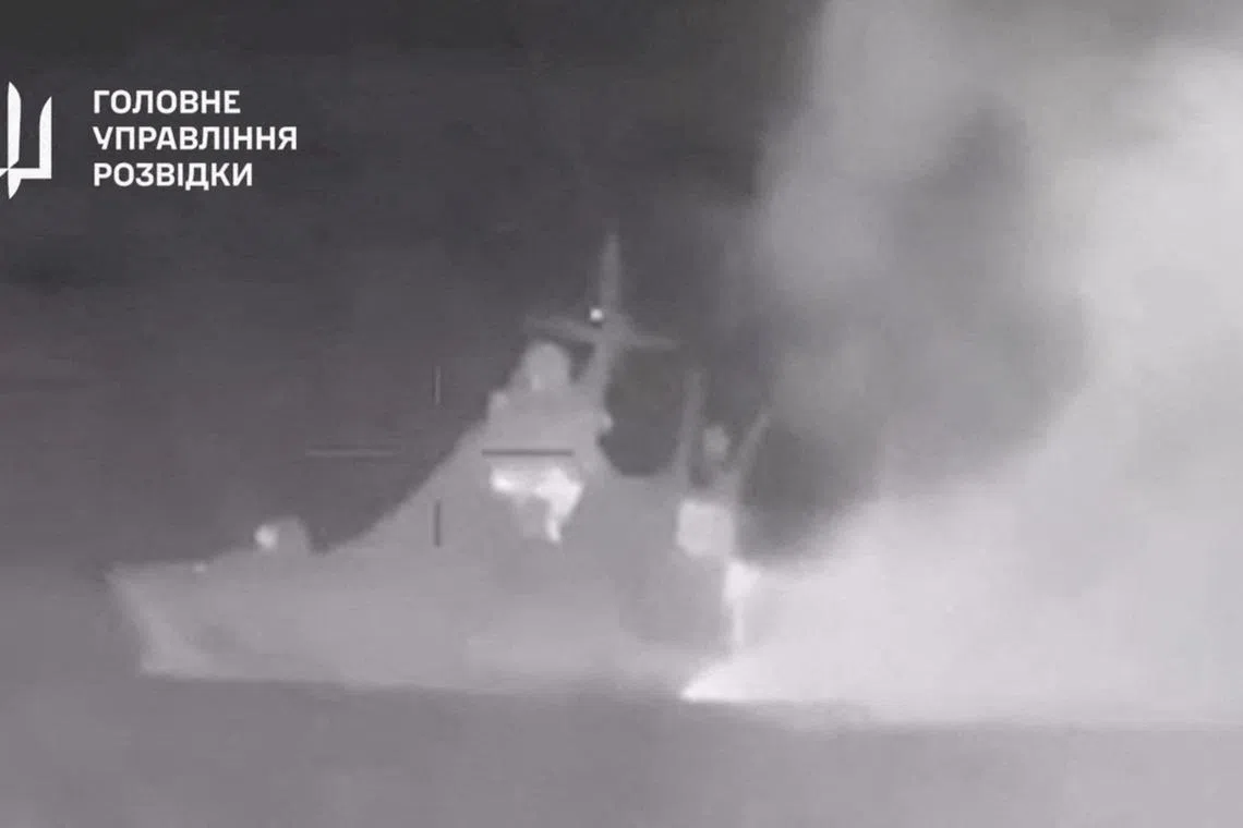 Footage shows an explosion on what Ukrainian military intelligence said is the Russian Black Sea Fleet patrol ship Sergey Kotov.    