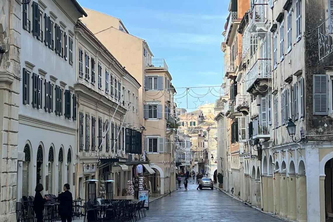 A main thoroughfare in Corfu, Greece, is practically devoid of people in this photo, taken on Nov 20.