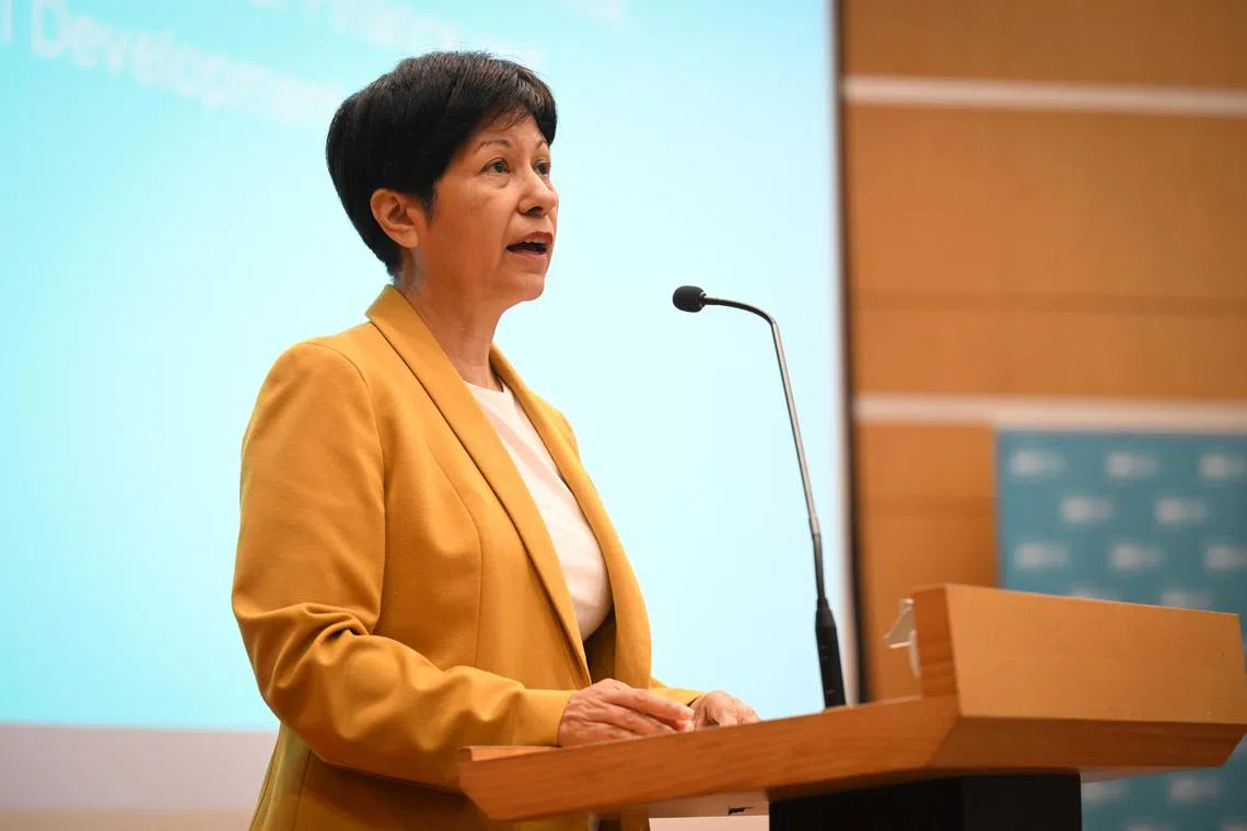 ST20240510_202438656063/sadirector10/Shintaro Tay/Sue-Ann Tan/
Minister in the Prime Minister’s Office and Second Minister for Finance and National Development Indranee Rajah, speaking at the launch of the SID Director Accreditation Programme at the Singapore Management University Mochtar Riady Auditorium on May 10, 2024. 