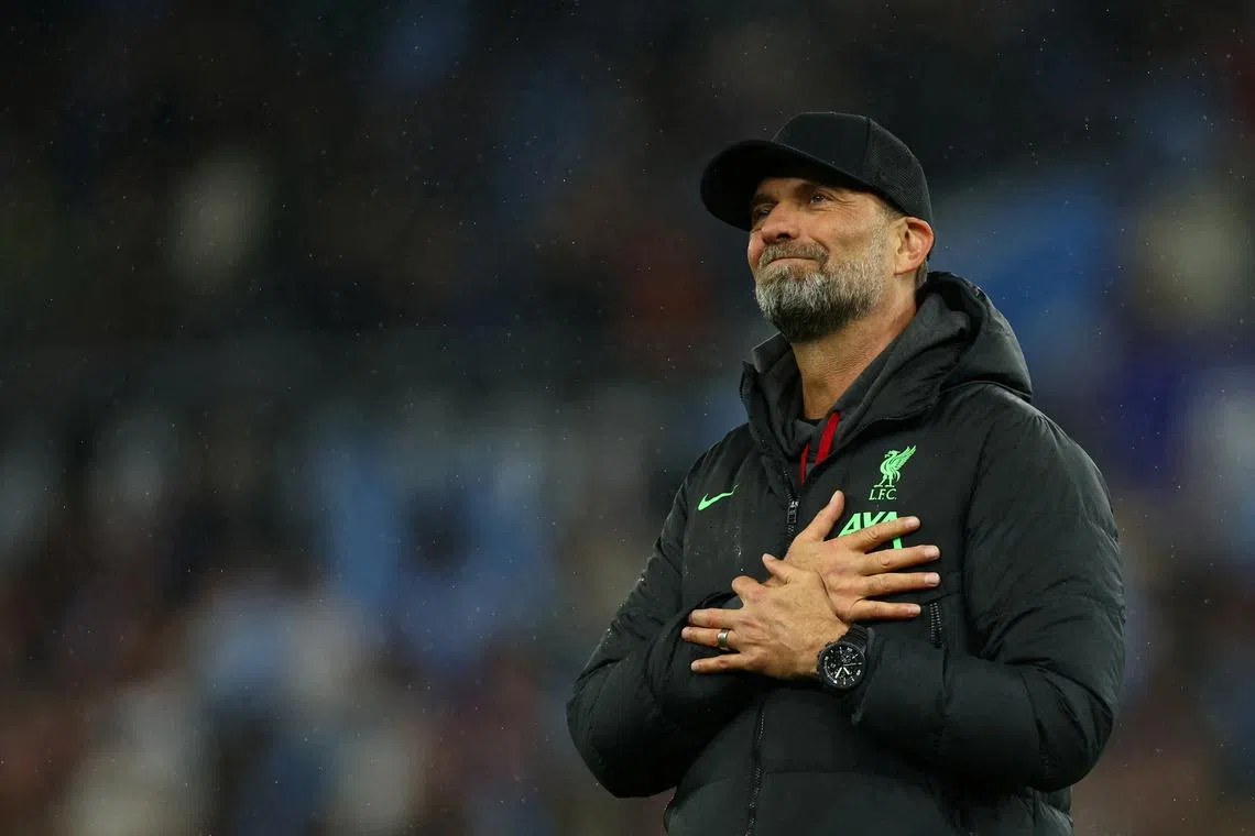 FILE PHOTO: Soccer Football - Premier League - Aston Villa v Liverpool - Villa Park, Birmingham, Britain - May 13, 2024   Liverpool manager Juergen Klopp acknowledges the fans after the match Action Images via Reuters/Andrew Boyers/File Photo