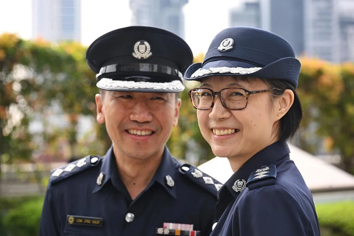 Husband and wife duo Superintendent of Police Low Jiing Haur (left) and Superintendent of Police Michelle Foo on May 29.