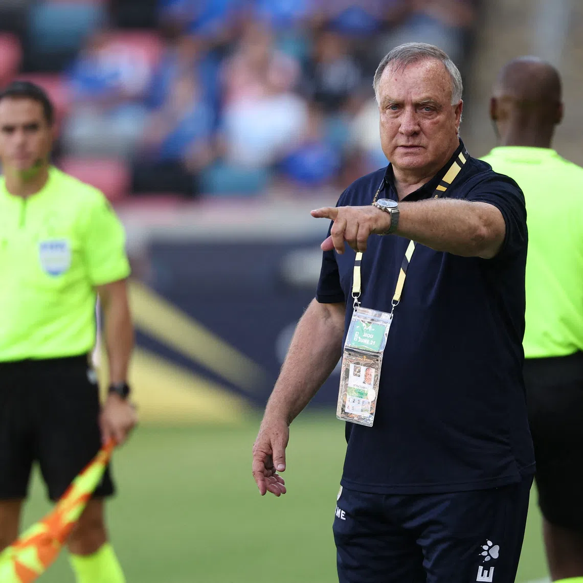 Jun 21, 2025; Houston, Texas, USA; Curacao head coach Dick Advocaat reacts during the first half against Canada during a group stage match of the 2025 Gold Cup at Shell Energy Stadium. Mandatory Credit: Troy Taormina-Imagn Images