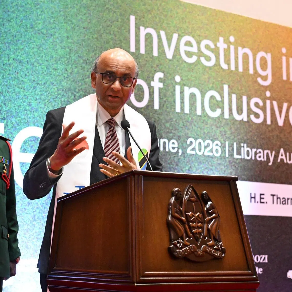 President Tharman Shanmugaratnam speaking at the  University of Dar es Salaam during his state visit in Tanzania on June 9.