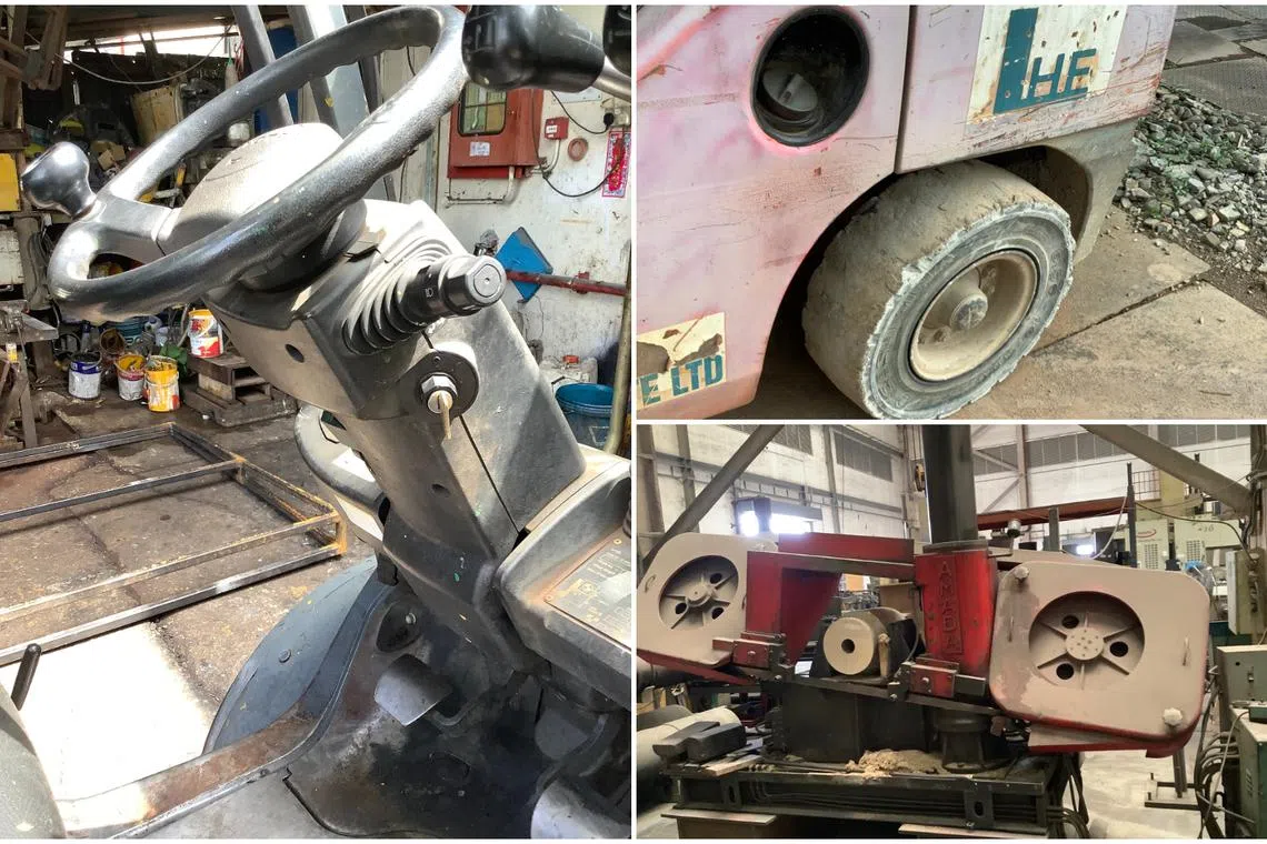 (Clockwise from left) Ignition keys should be stored in a secured location, worn out or damaged parts of a forklift should be replaced, and the blade of the bandsaw should be guarded when not in use.