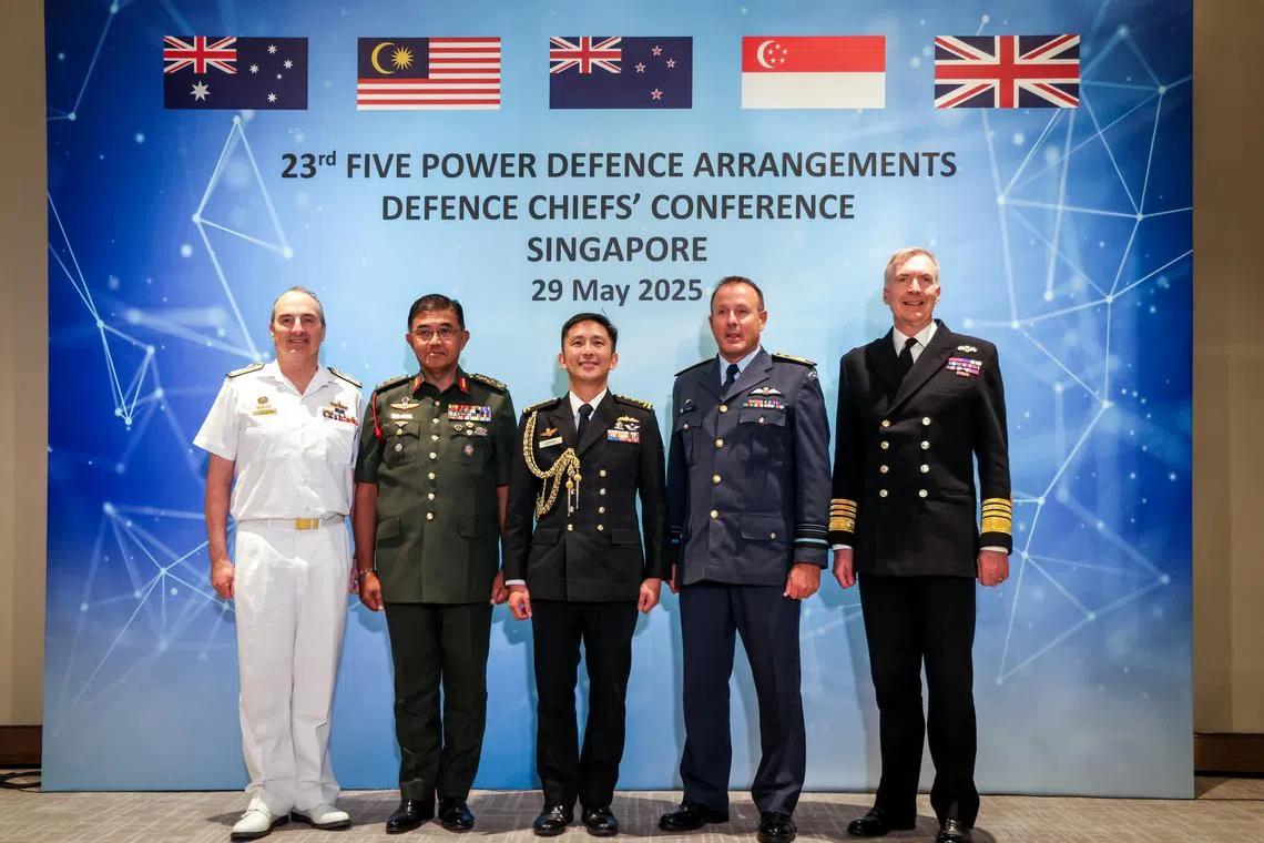 Singapore’s Chief of Defence Force Aaron Beng (centre) with his counterparts (from left) Australia's Admiral David Johnston, Malaysia’s General Mohd Nizam Jaffar, New Zealand’s Air Marshal Tony Davies and UK's Admiral Tony Radakin at the FPDA Defence Chiefs' Conference on May 29.