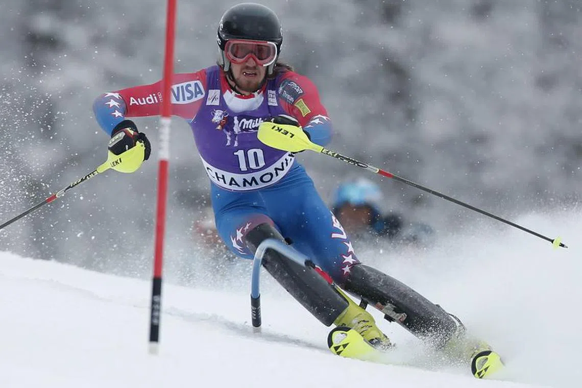 Bryce Bennett of the U.S. skis during the slalom event of the men's alpine combined race in Les Houches, near Chamonix, France, February 19, 2016. REUTERS/Christian Hartmann/File photo