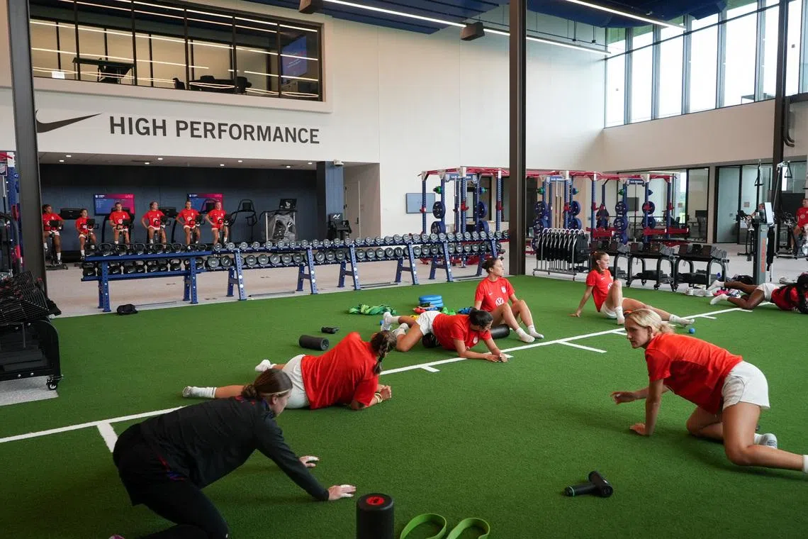 U.S. women's Under 20 team exercises inside the indoor gym at the Arthur M. Blank National Training facility in Fayetteville, Georgia, U.S., July 9, 2026. REUTERS/Jayla Whitfield-Anderson
