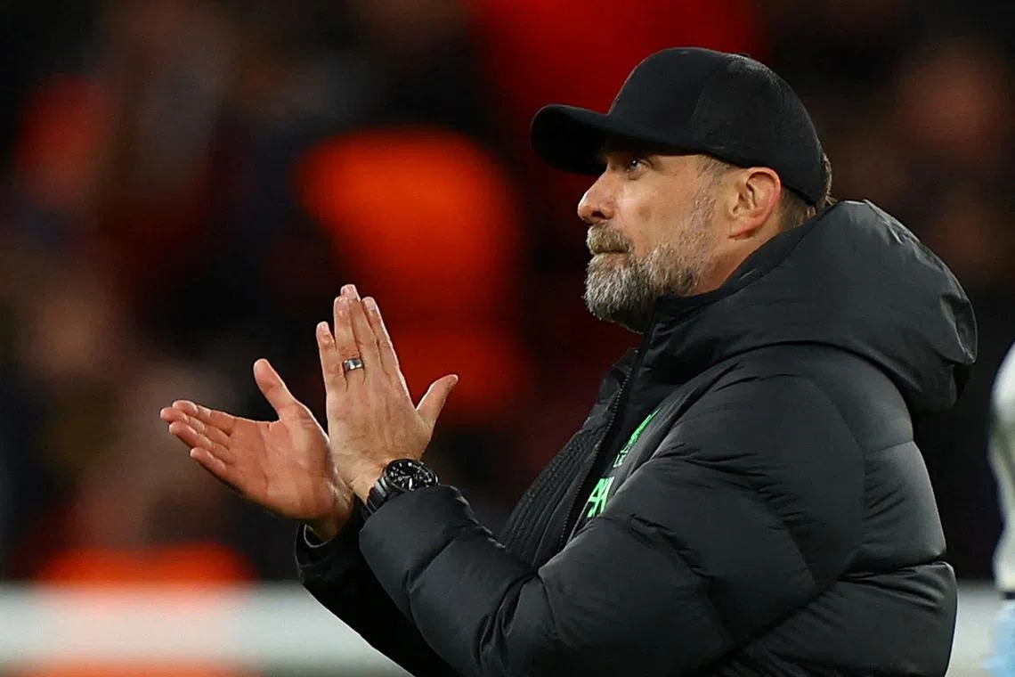 FILE PHOTO: Soccer Football - Europa League - Quarter Final - First Leg - Liverpool v Atalanta - Anfield, Liverpool, Britain - April 11, 2024 Liverpool manager Juergen Klopp looks dejected after the match REUTERS/Molly Darlington/File Photo
