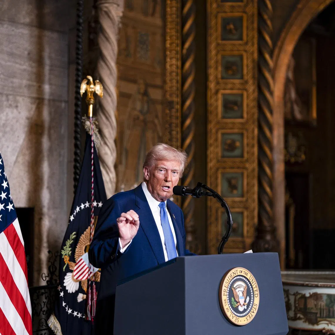 President Donald Trump speaks to reporters at his Mar-a-Lago resort in Palm Beach, Florida, on Feb 18, 2025. 