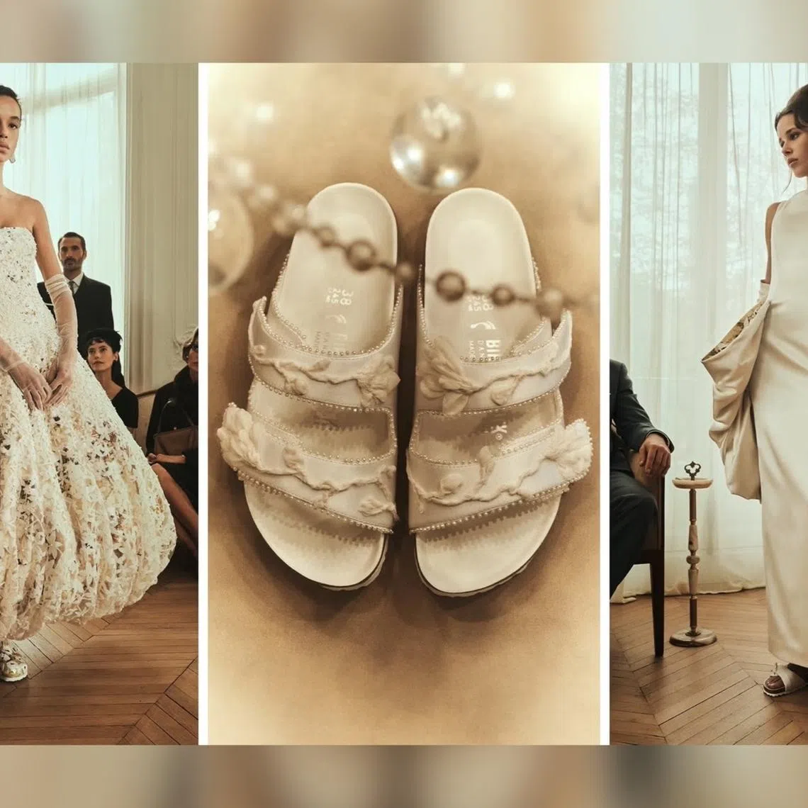 Popular sandal company Birkenstock is collaborating with the bridal brand Danielle Frankel to create a collection using lustrous fabrics and materials.