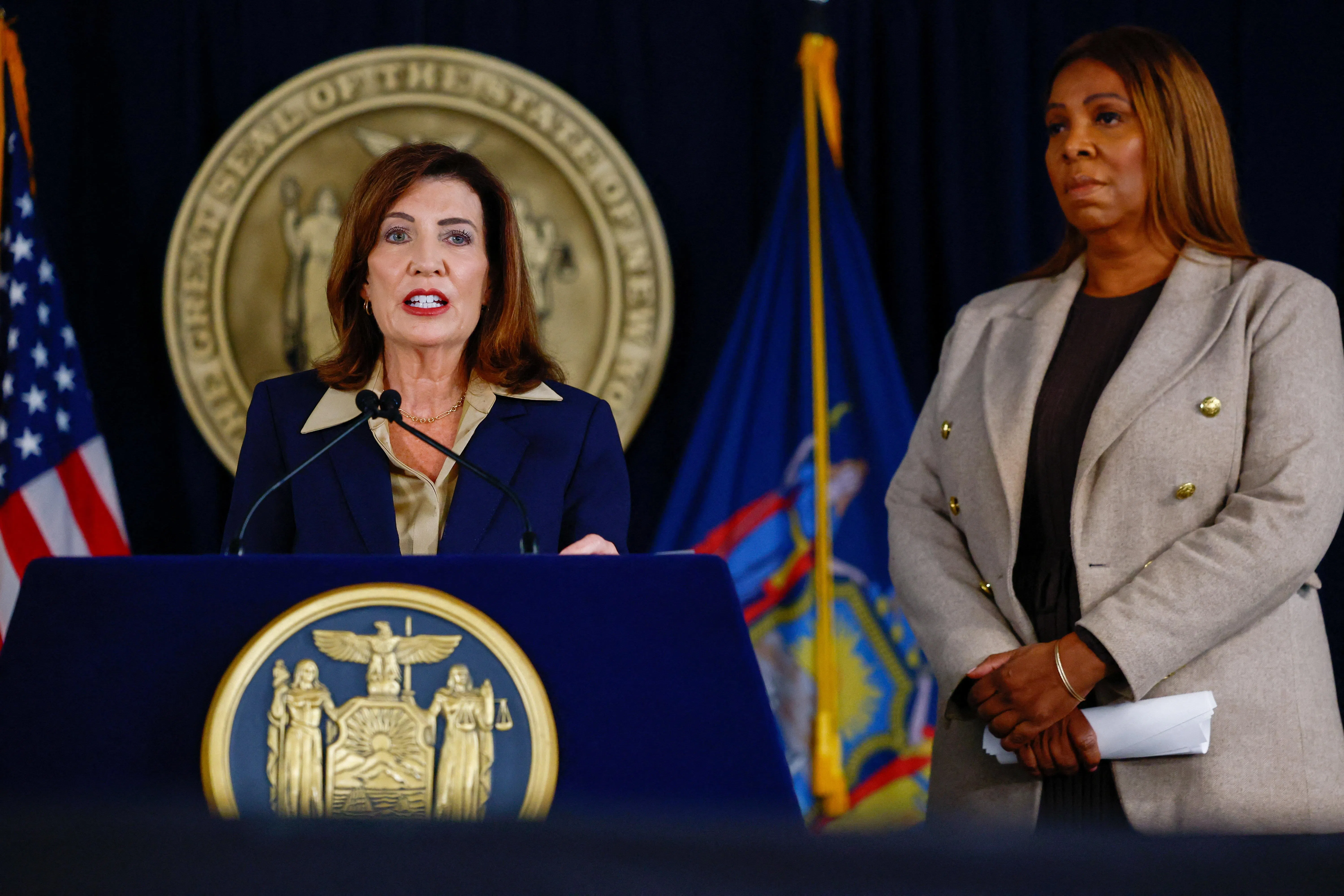 New York Governor Kathy Hochul and New York Attorney General Letitia James attend a press conference regarding an investigation into alleged sexual assault at Cornell University, in New York City, US, October 2, 2026. REUTERS/Jeenah Moon