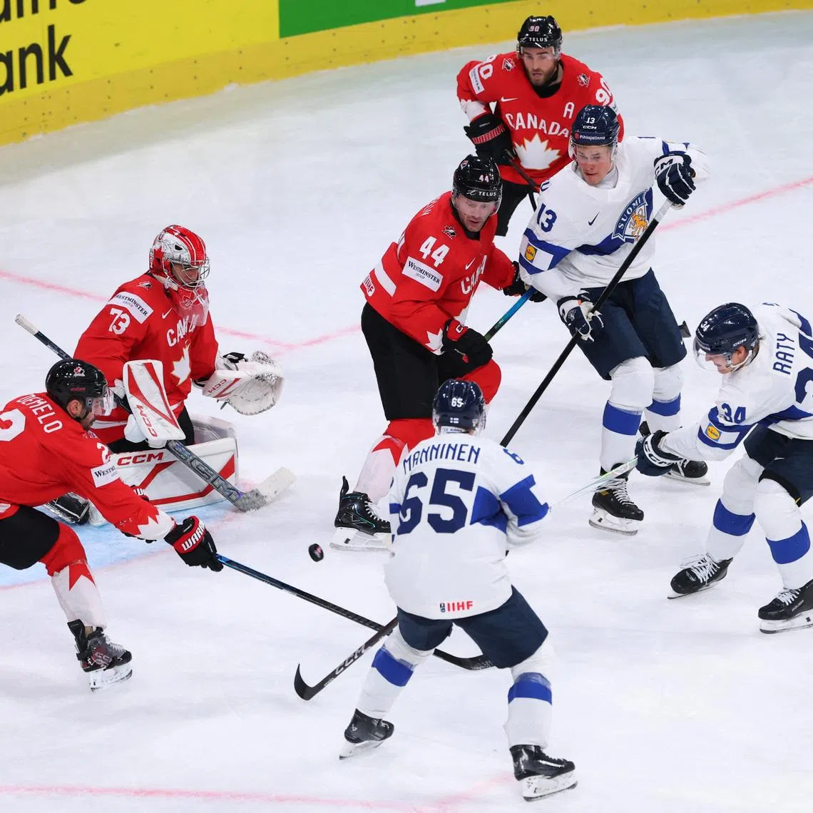 Ice Hockey - IIHF World Championships - Semi Final - Canada v Finland - Swiss Life Arena, Zurich, Switzerland - May 30, 2026 Finland's Aatu Raty scores their fourth goal past Canada's Jet Greaves REUTERS/Denis Balibouse