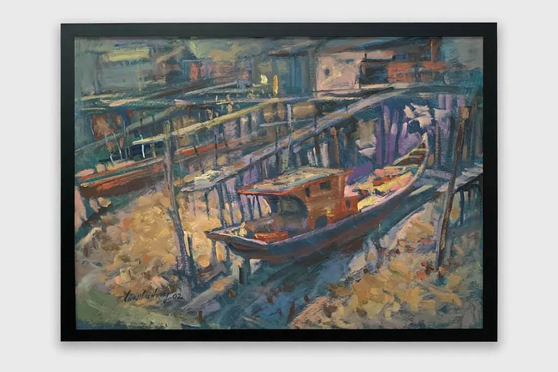 Oil-on-board painting by artist Low Hai Hong titled Pulau Ketam I (2002) is available for rent at Artualize art gallery. 