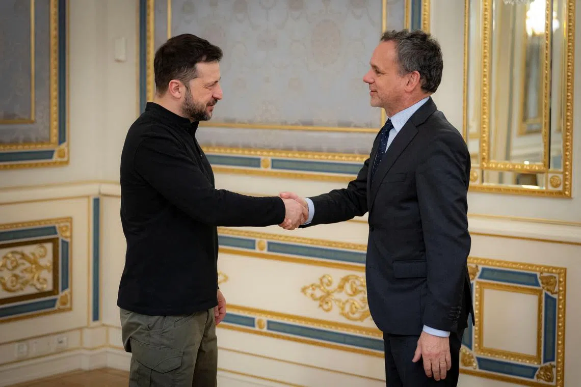 FILE PHOTO: Ukraine's President Volodymyr Zelenskiy meets with Dutch Foreign Minister Caspar Veldkamp, amid Russia's attack on Ukraine, in Kyiv, Ukraine, January 16, 2025. Ukrainian Presidential Press Service/Handout via REUTERS/File Photo