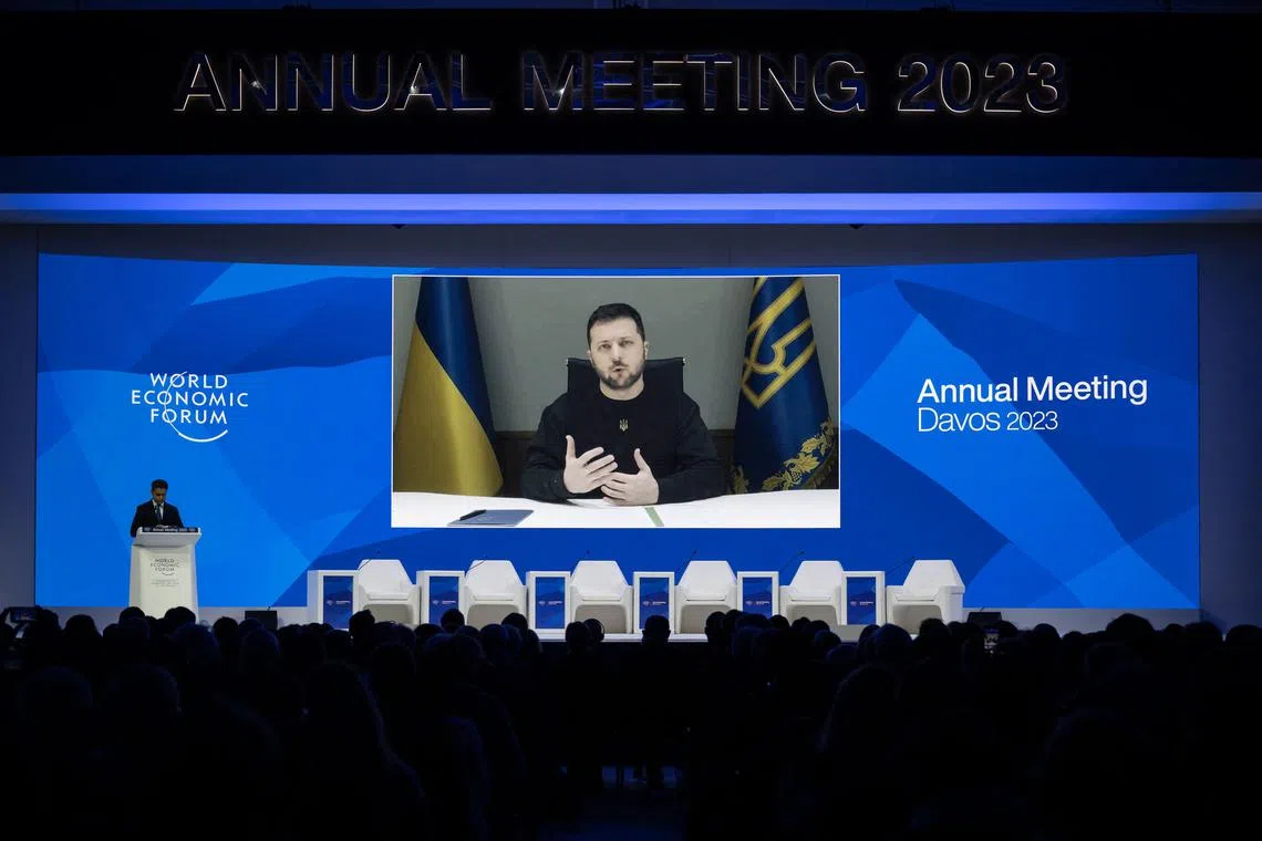 Ukrainian President Volodymyr Zelensky delivers an address via videolink to the World Economic Forum in Davos.