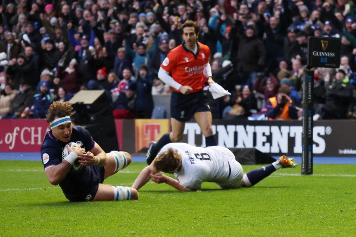 Rugby Union - Six Nations Championship - Scotland v England - Murrayfield Stadium, Edinburgh, Scotland, Britain - February 14, 2026 Scotland's Jamie Ritchie scores their second try REUTERS/Russell Cheyne