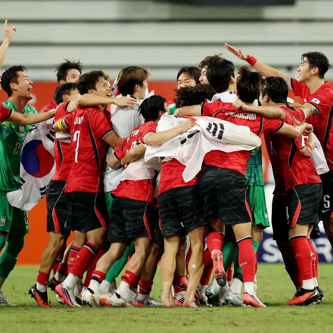 South Korea players celebrating after winning the Asian Games football gold medal at Toyota Stadium in Toyota, Japan, on Oct 3.