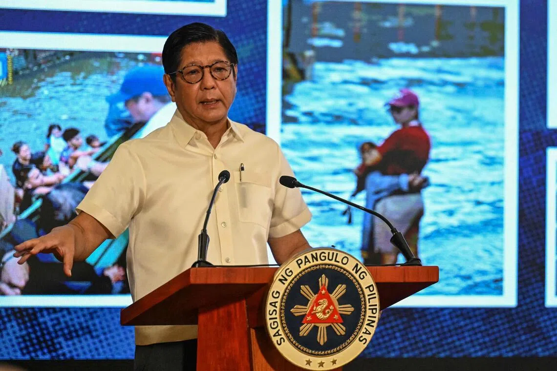 Philippine President Ferdinand Marcos speaks during a press conference at Malacanang Palace in Manila on August 11, 2025. (Photo by Jam STA ROSA / AFP)