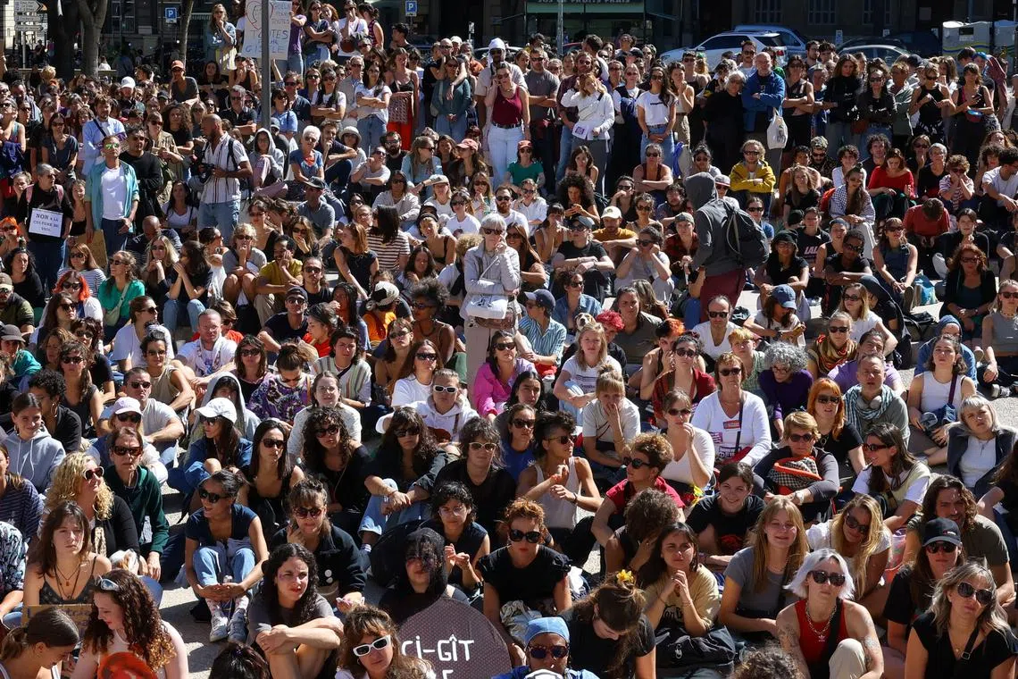 A demonstration in support of Gisele Pelicot and all rape victims near the courthouse in Marseille, France, Sept 14.