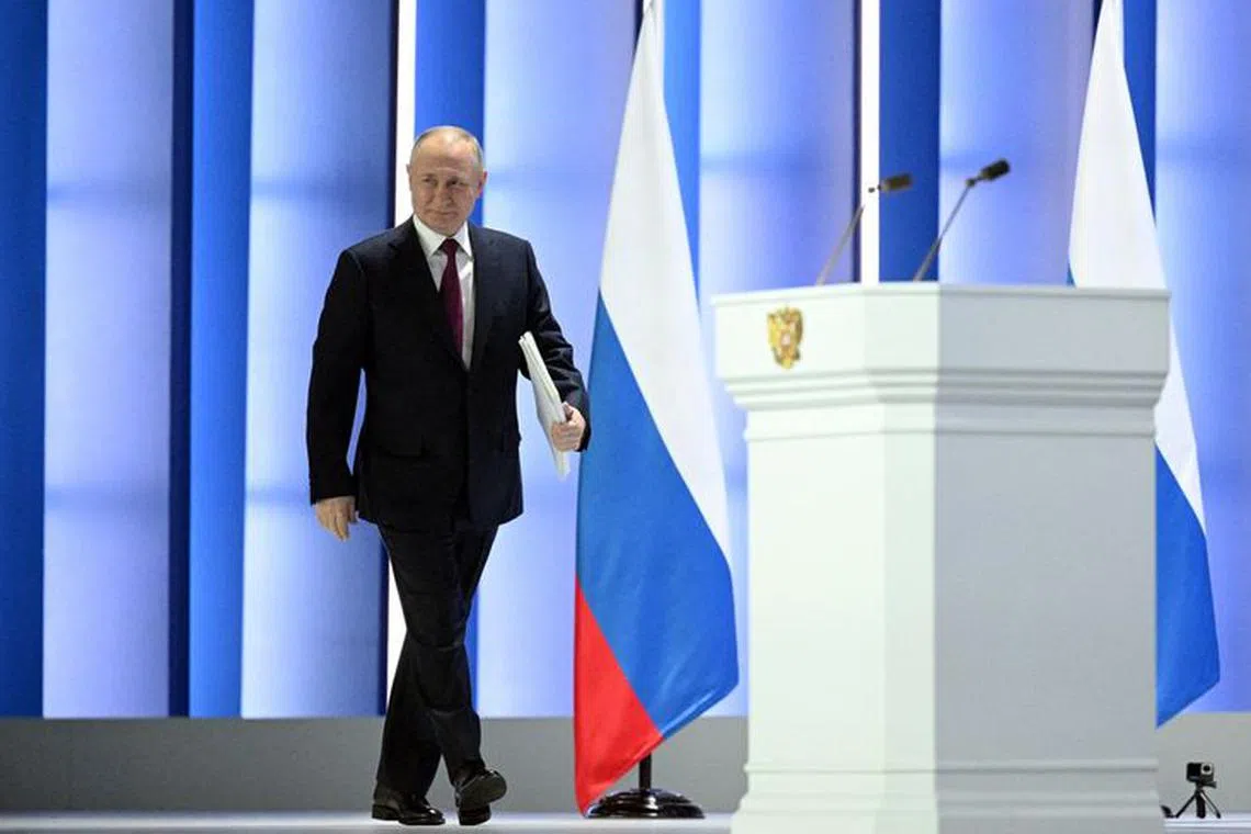 FILE PHOTO: Russian President Vladimir Putin delivers his annual address to the Federal Assembly in Moscow, Russia February 21, 2023. Sputnik/Ramil Sitdikov/Kremlin via REUTERS