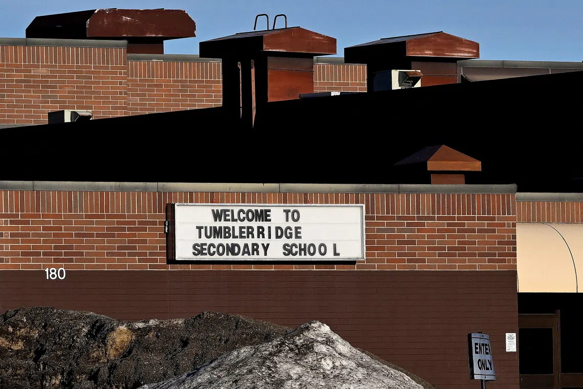 Tumbler Ridge Secondary School three days after a deadly mass shooting at the school, in the town of Tumbler Ridge, British Columbia, Canada, on Feb 13.