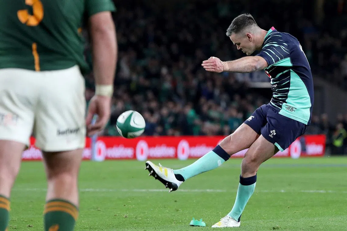 Ireland's fly half Johnny Sexton kicking a penalty during the Autumn International rugby union Test match between Ireland and South Africa at the Aviva Stadium in Dublin, on Saturday.