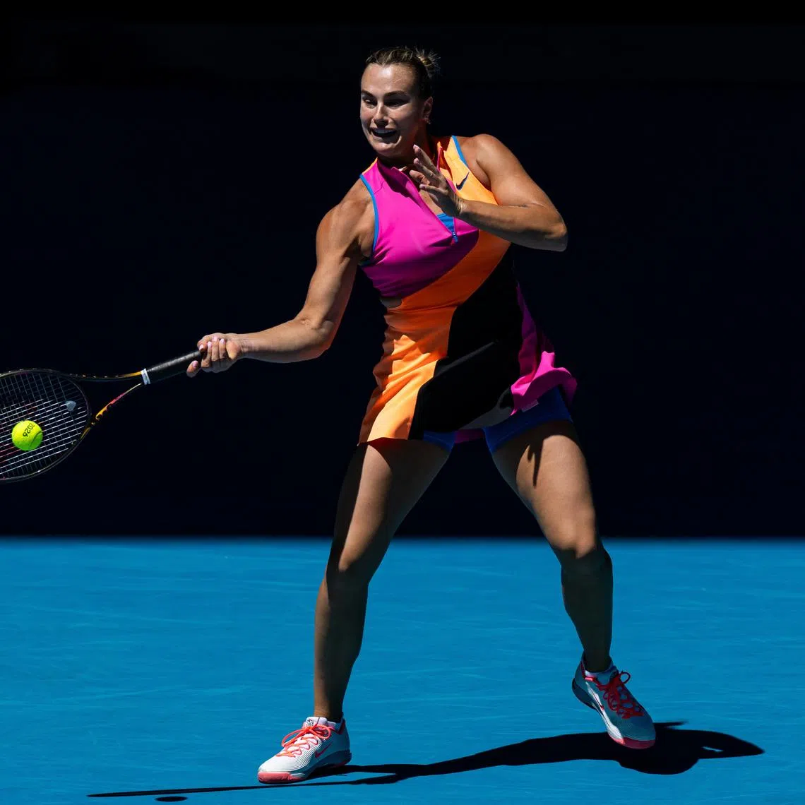 Jan 23, 2026; Melbourne, Victoria, Australia; Aryna Sabalenka in action against Anastasia Potapova of Austria in the third round of the women’s singles at the Australian Open at Rod Laver Arena in Melbourne Park. Mandatory Credit: Mike Frey-Imagn Images
